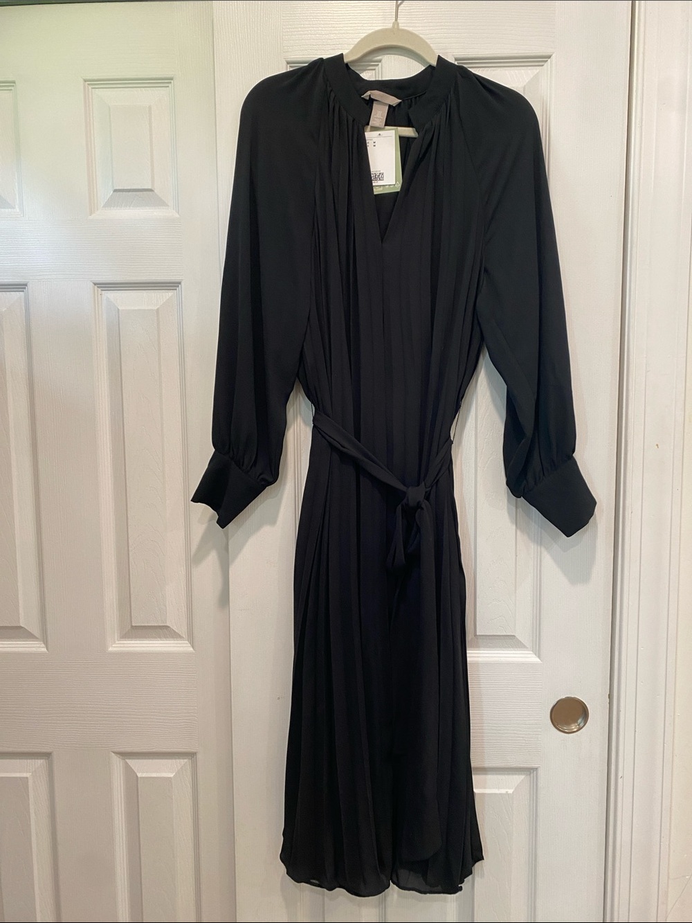 H&M Black Long-Sleeve Pleated Midi Dress with Waist Tie